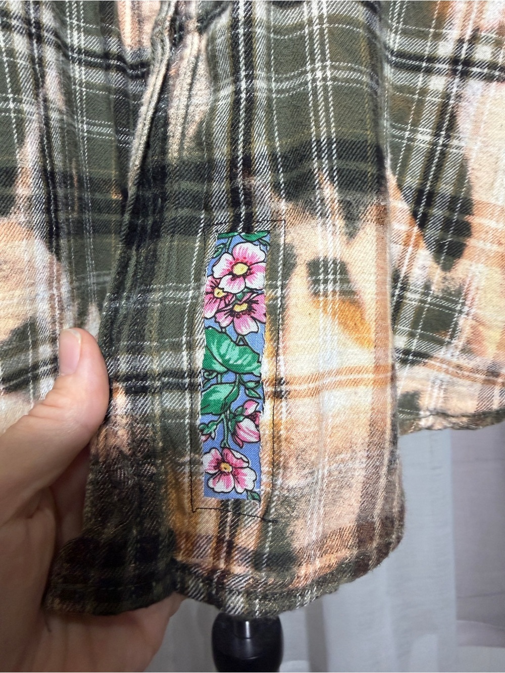 Up-cycled Plaid Flannel Shirt with Vintage Garden Graphic Patch Back - Picture 4 of 10